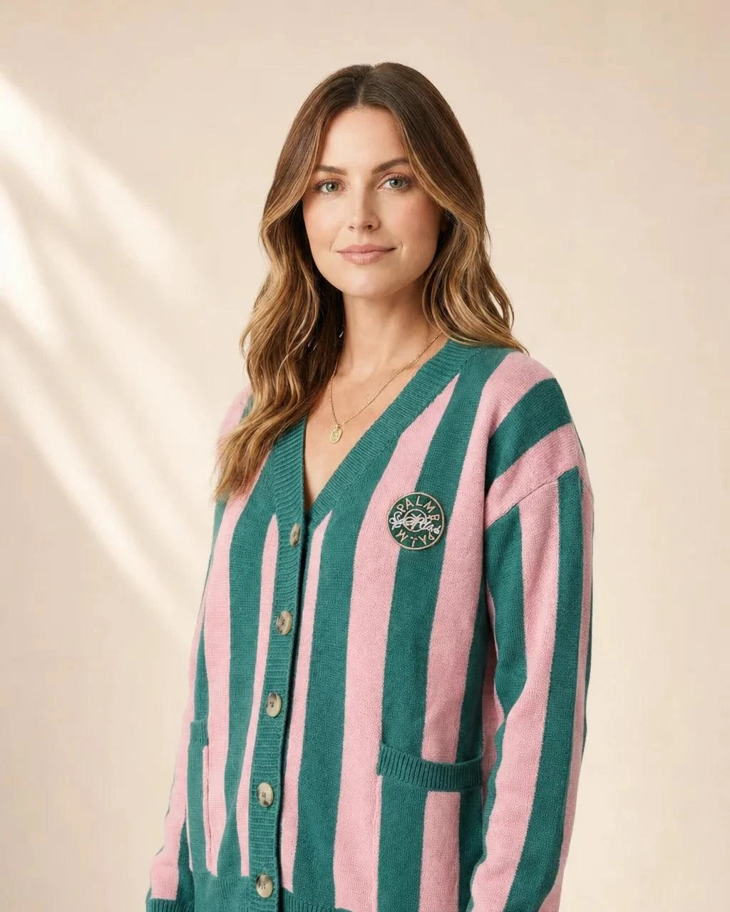 The Palm of My Heart Cardigan pink and cream striped cozy knit with front pockets and embroidered patch