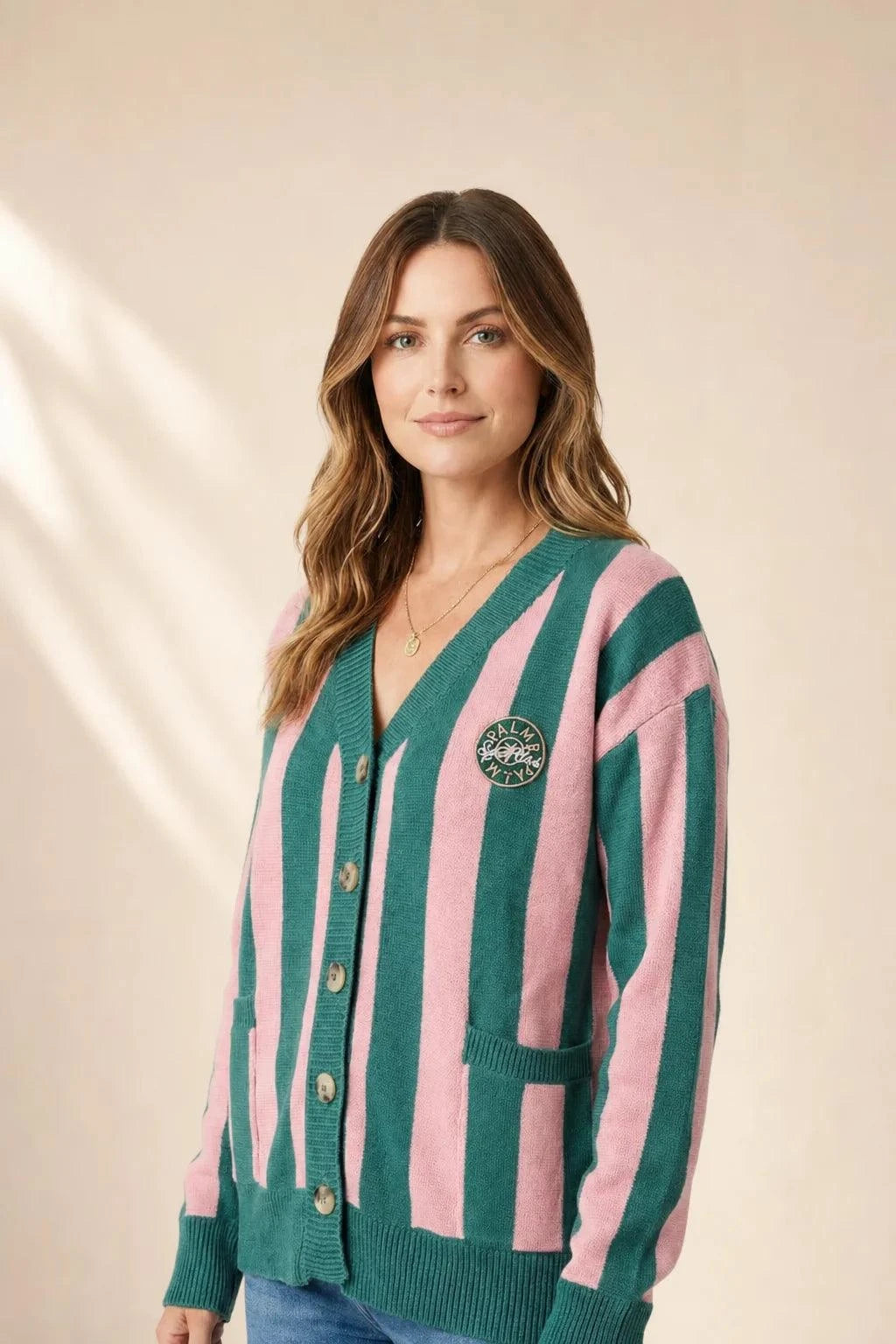 The Palm of My Heart Cardigan pink and cream striped cozy knit with front pockets and embroidered patch