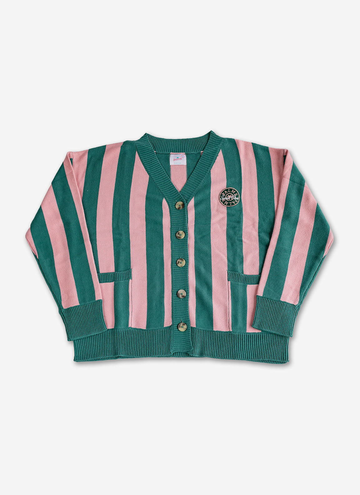 Green and pink striped cardigan with buttons on a white background