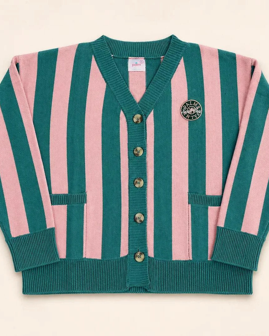The Palm of My Heart Cardigan pink and cream striped cozy cotton-acrylic knit with embroidered patch and front pockets