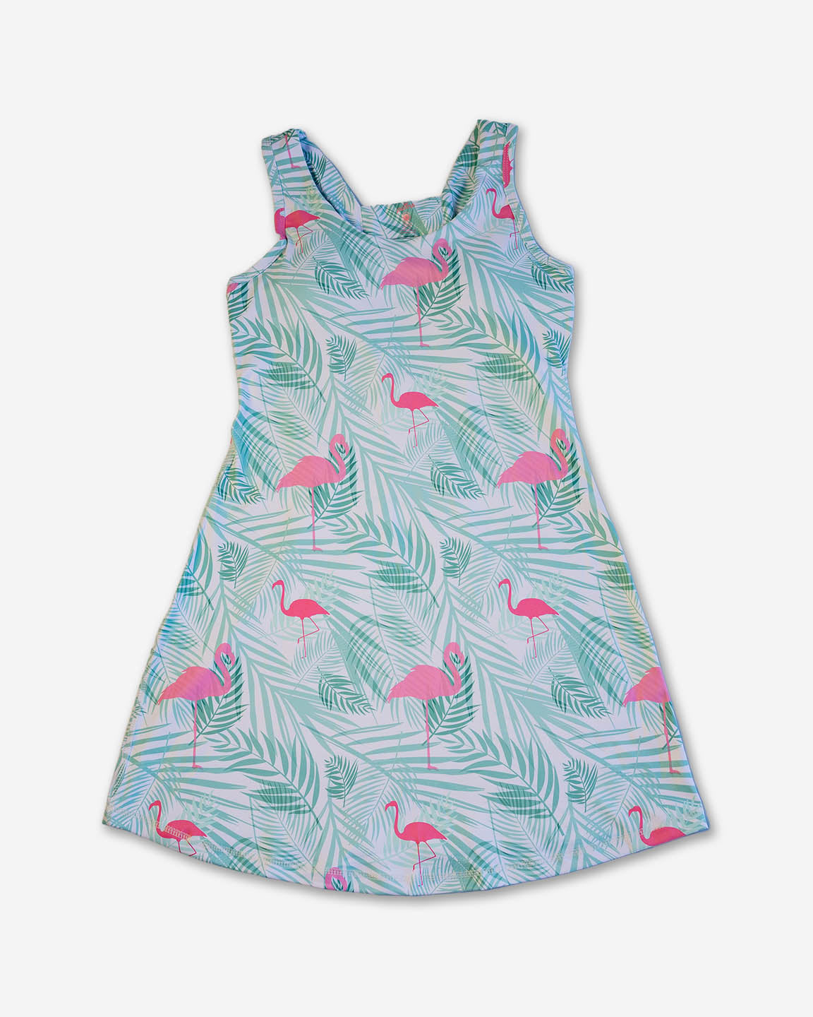 Dress with flamingo and leaf pattern on a white background
