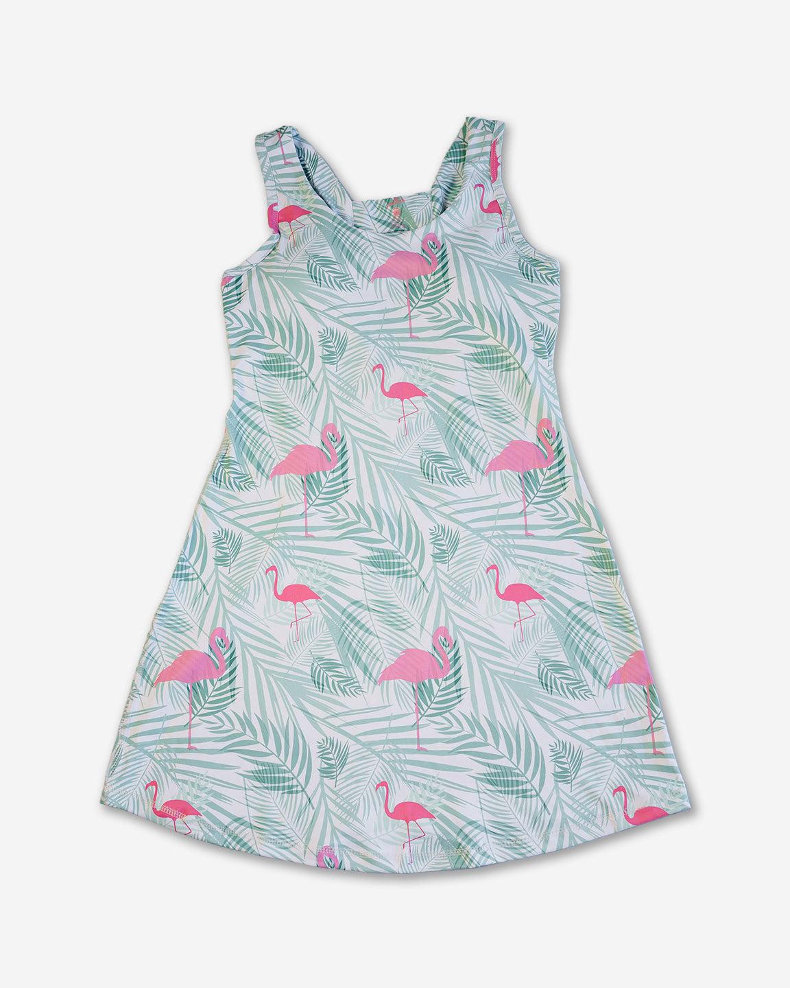 Dress with flamingo and leaf pattern on a white background