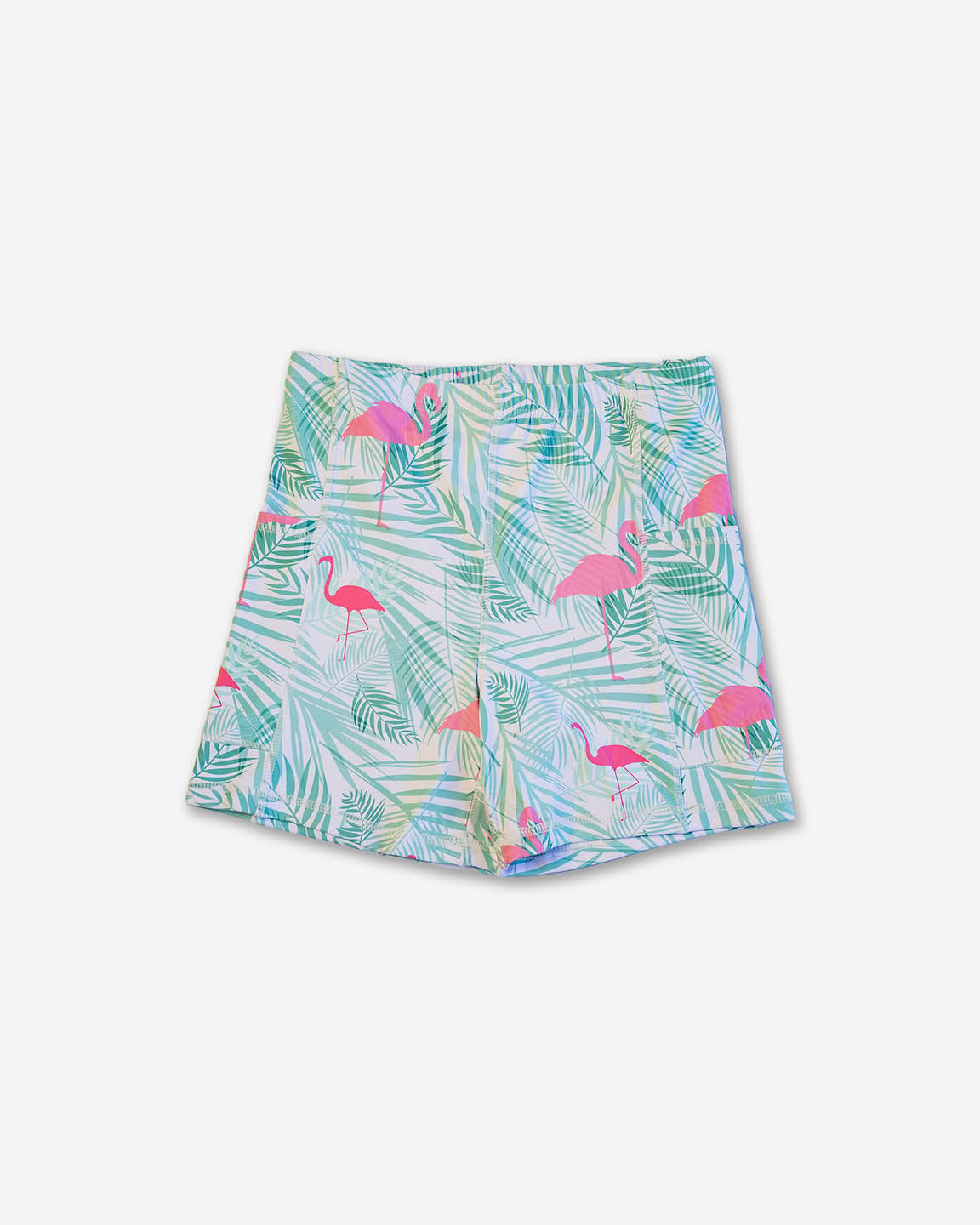 Shorts with flamingo and palm leaf pattern on a white background