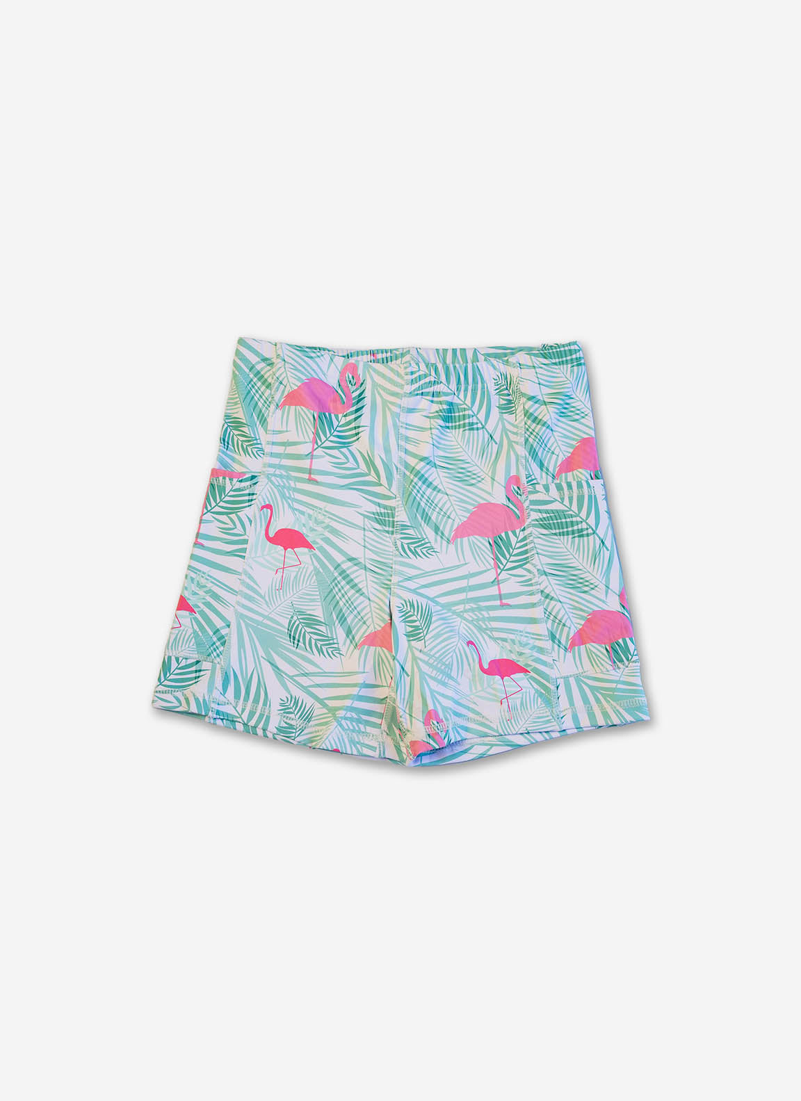 Shorts with flamingo and palm leaf pattern on a white background