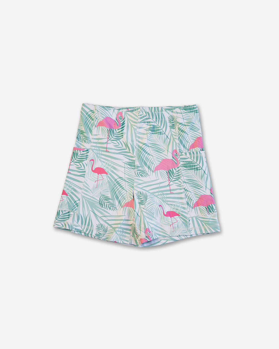 Skirt with flamingo and palm leaf pattern on a white background