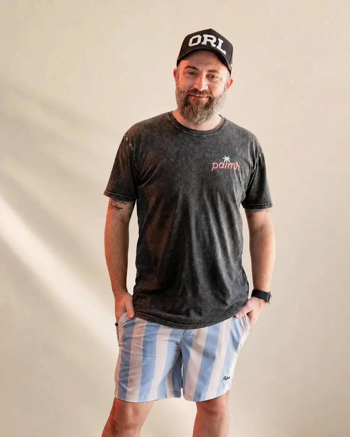 Blue and tan striped Ronnie Hybrid Swim Shorts with tailored fit and zip pockets