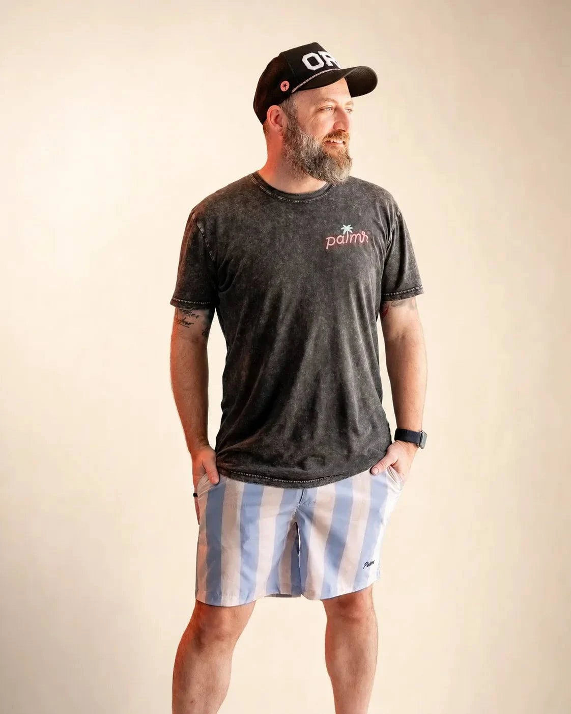 Blue and tan striped Ronnie Hybrid Swim Shorts with quick-dry fabric and tailored fit