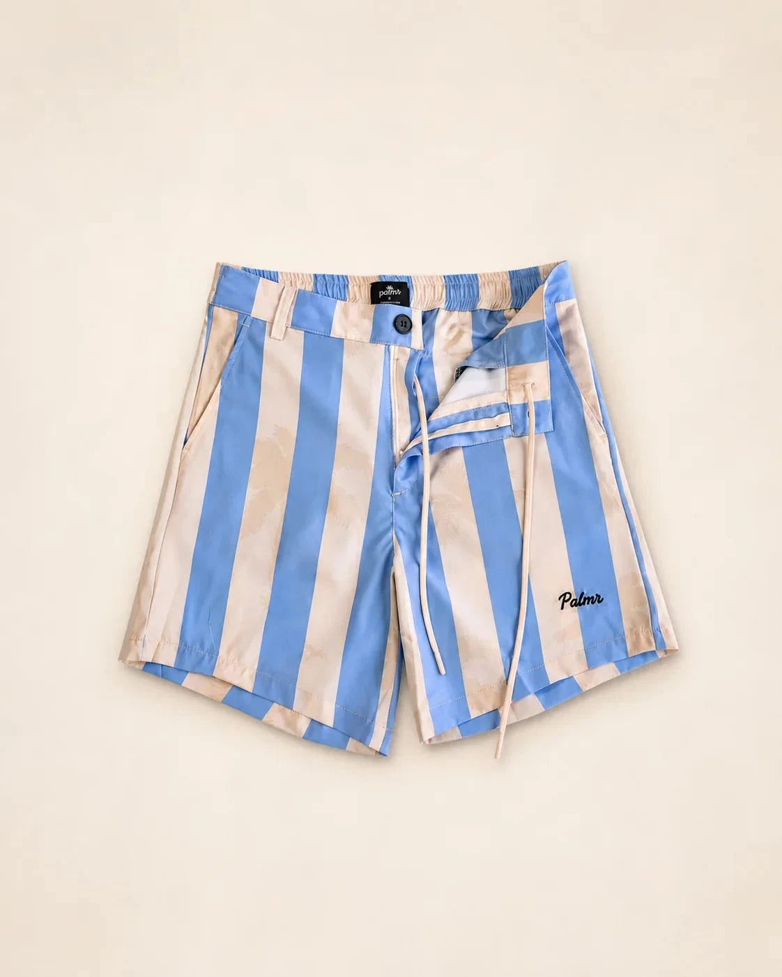 Blue and tan striped Ronnie Hybrid Swim Shorts with belt loops and zip pockets for versatile pool-to-dinner wear