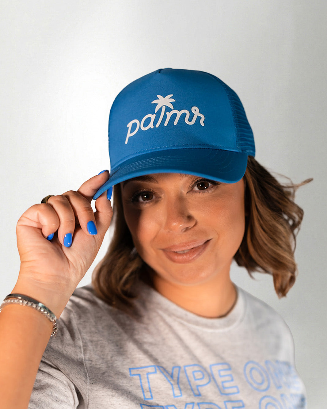 Palmr Style T1D Blue Trucker Hat Resort Wear Self-Care Type 1 Diabetes