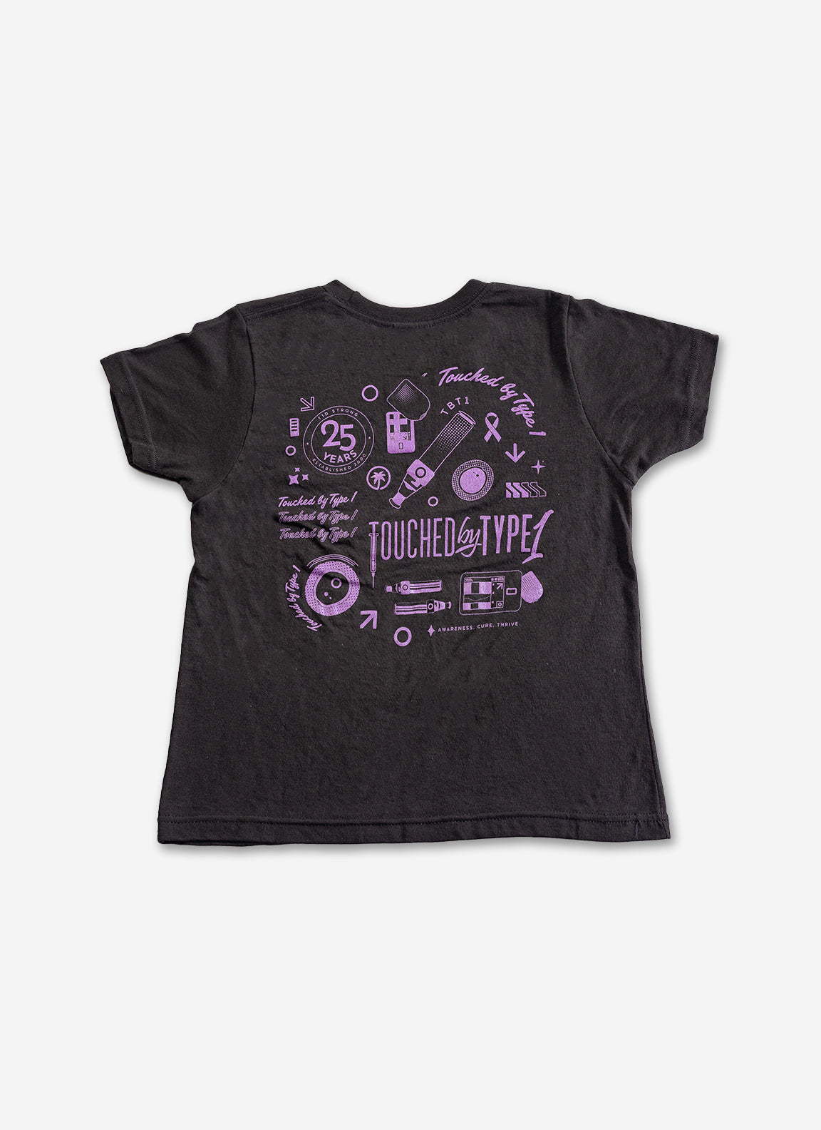 Black "touched by type 1" with purple diabetes related designs against a gray background.