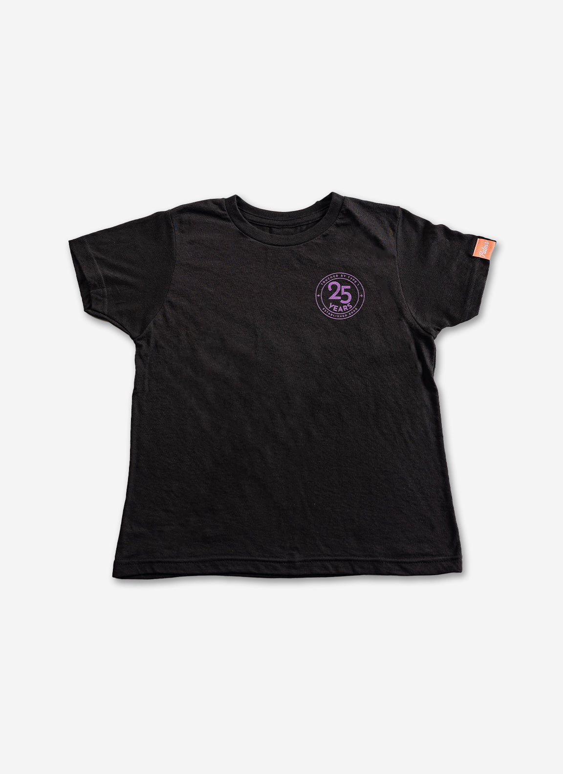 Black "touched by type 1" with purple diabetes related designs against a gray background.