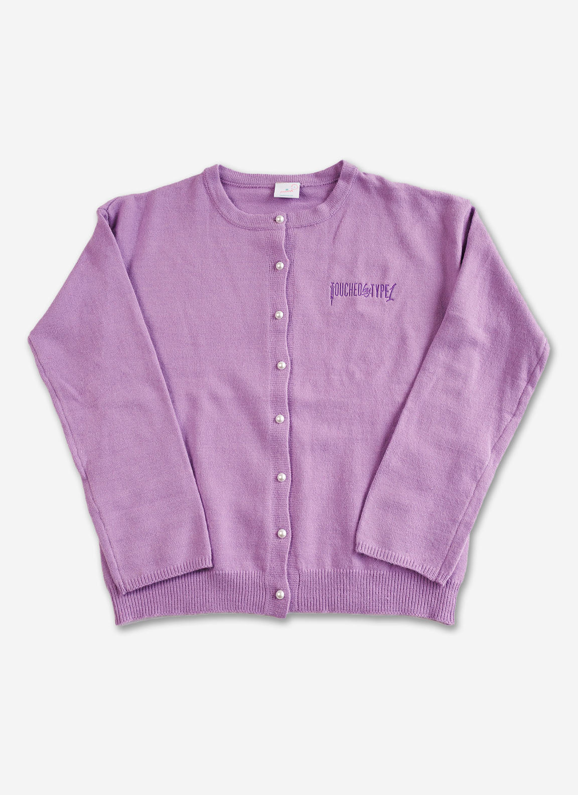Purple "Touched by Type 1" cardigan against gray background.