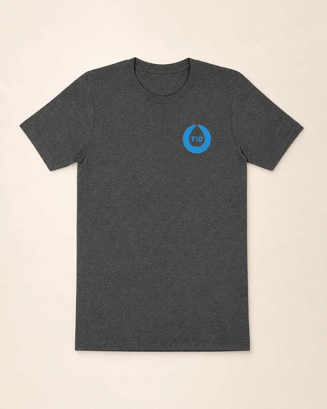 Dark gray t-shirt with a blue logo on a beige background