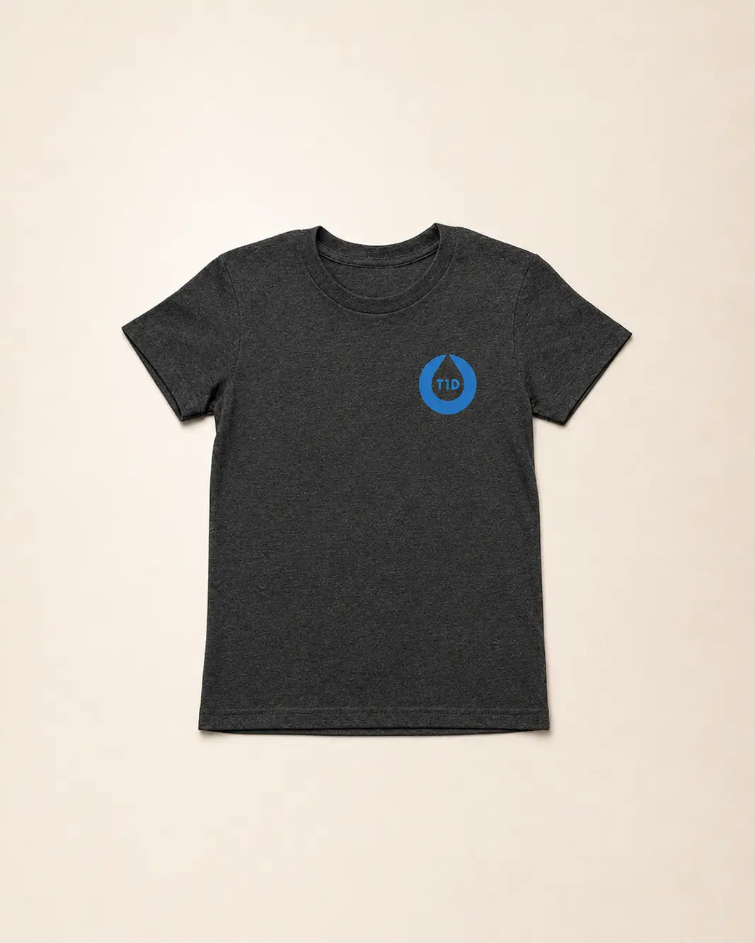 Dark gray t-shirt with a blue logo on a beige background