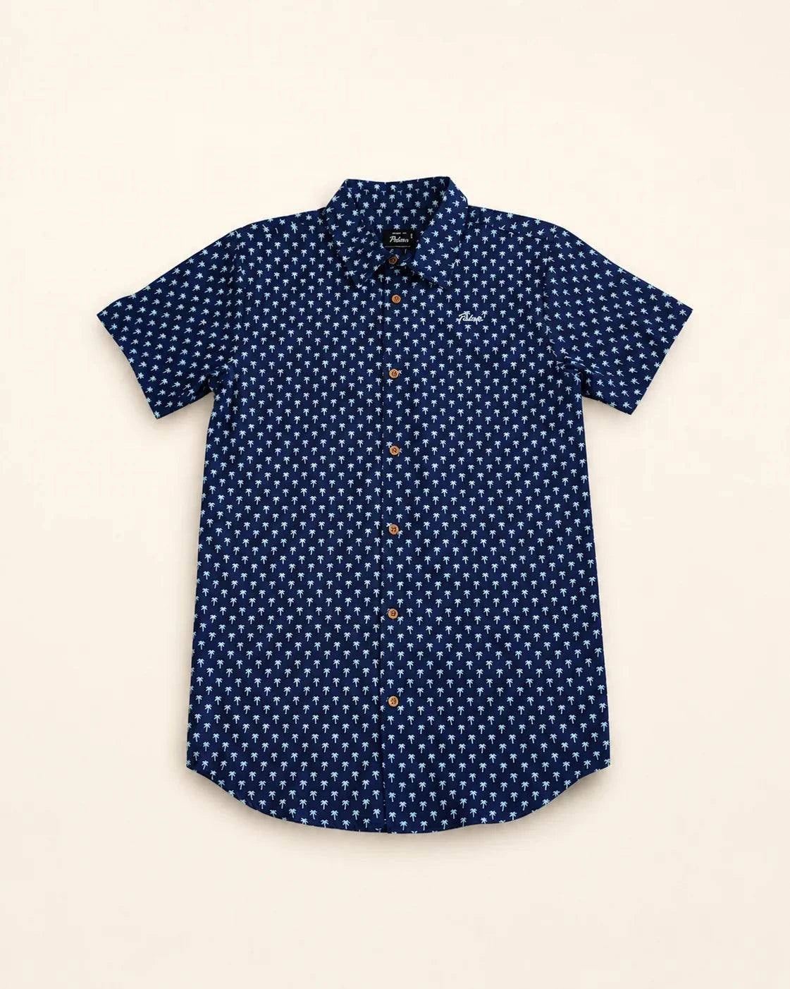 Indigo Palm Button Up navy shirt with teal palm micro-print and embroidered Palmr script