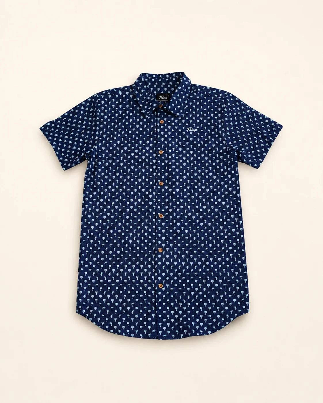 Indigo Palm Button Up navy shirt with teal palm micro-print and embroidered Palmr script