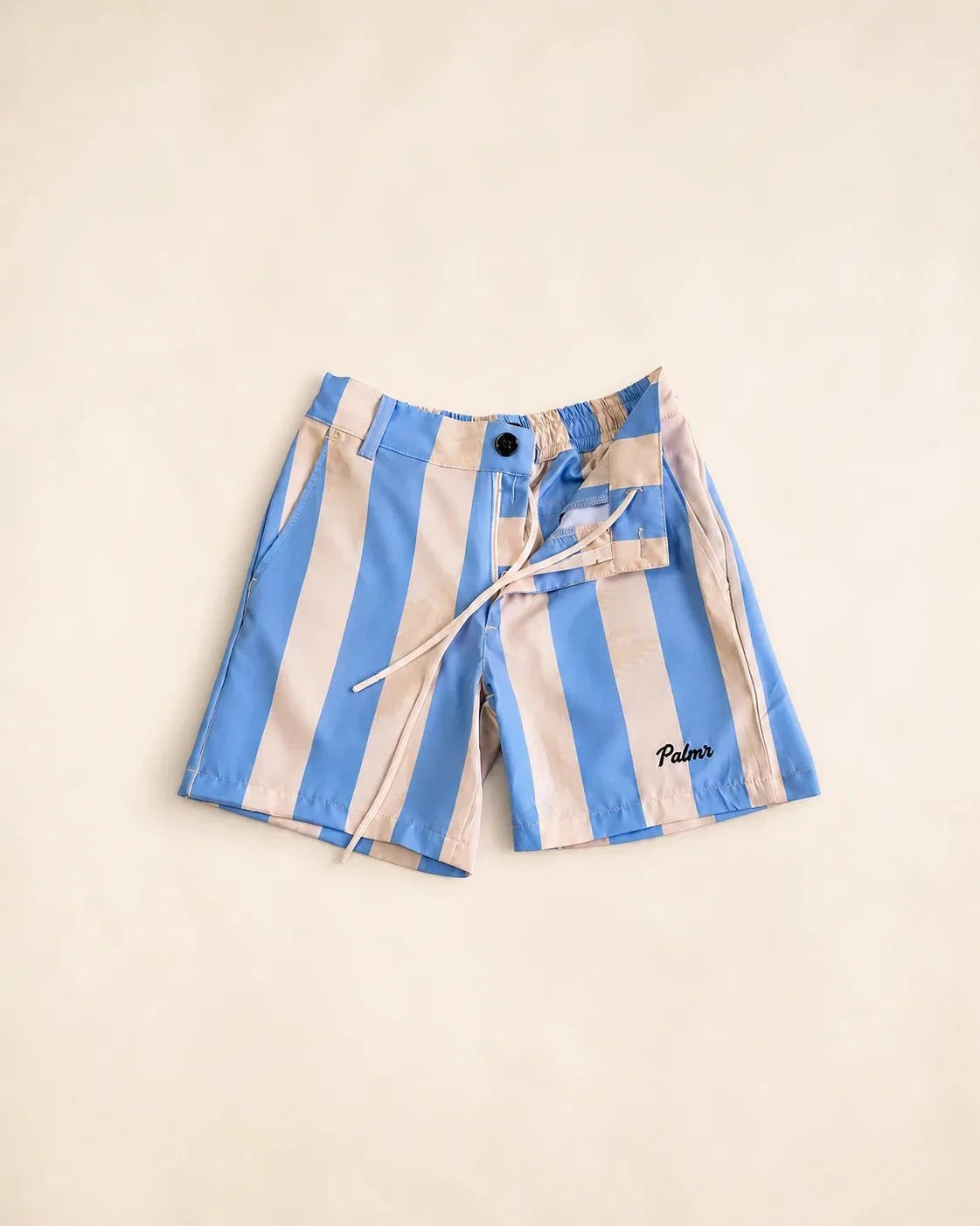 Ronnie Kids Hybrid Swim Shorts blue tan striped quick-dry with belt loops and zip pockets