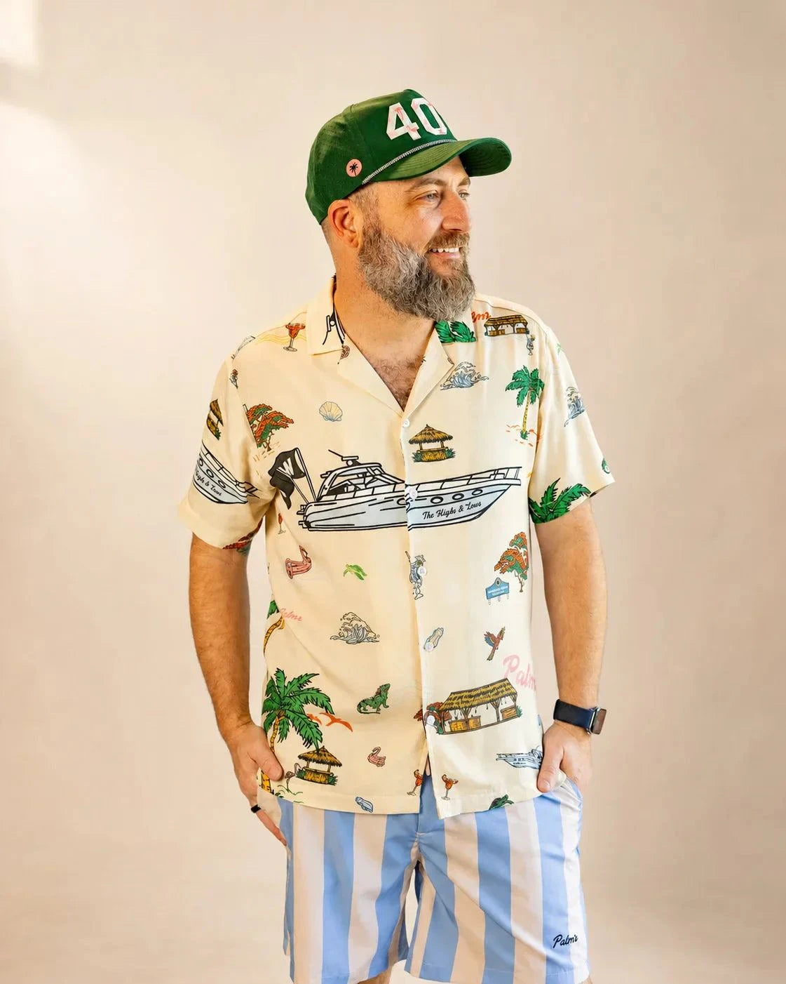 The Ronnie Button Up shirt with Pompano Beach-inspired print and lightweight rayon fabric