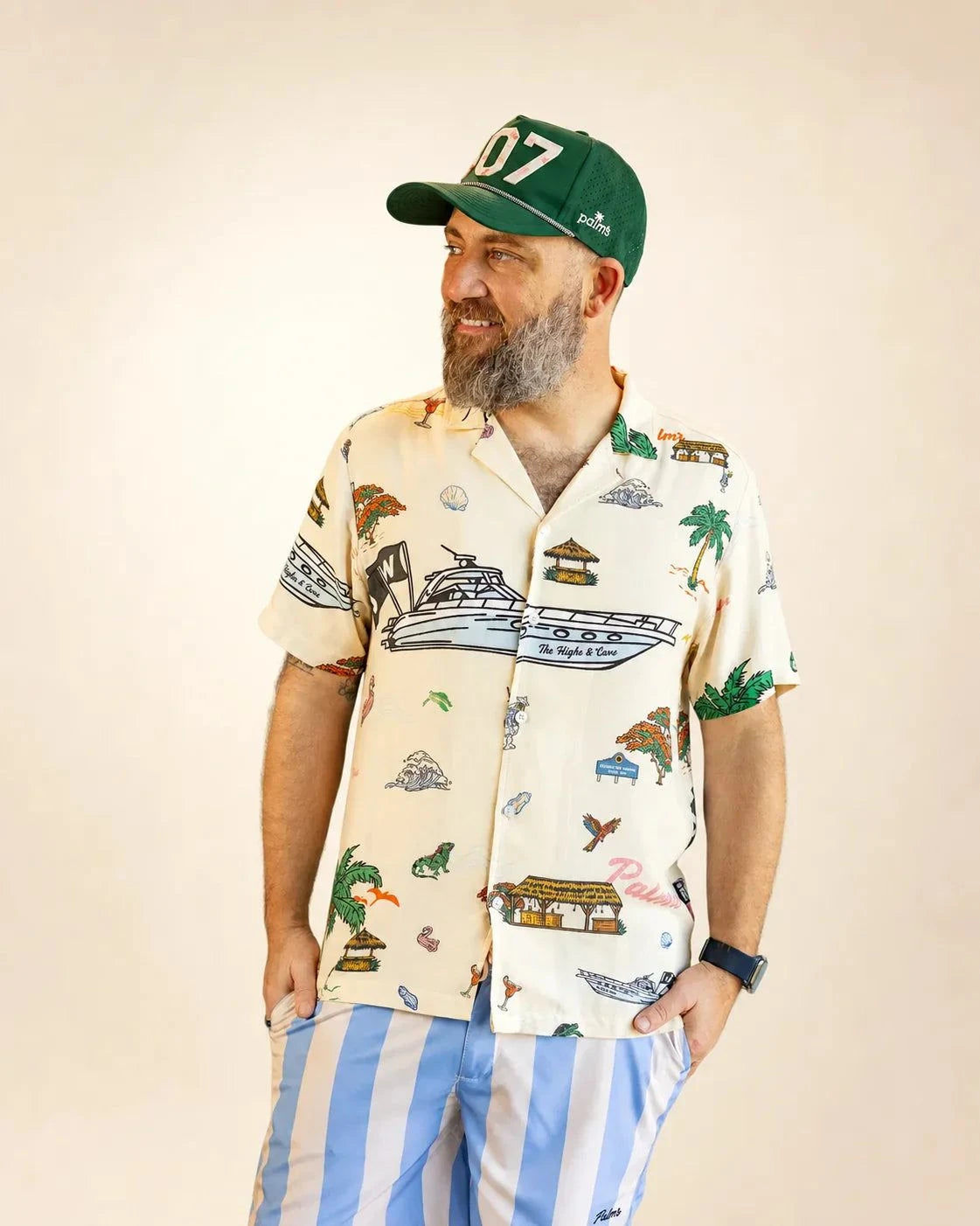 The Ronnie Button Up shirt with Pompano Beach-inspired print and soft rayon fabric