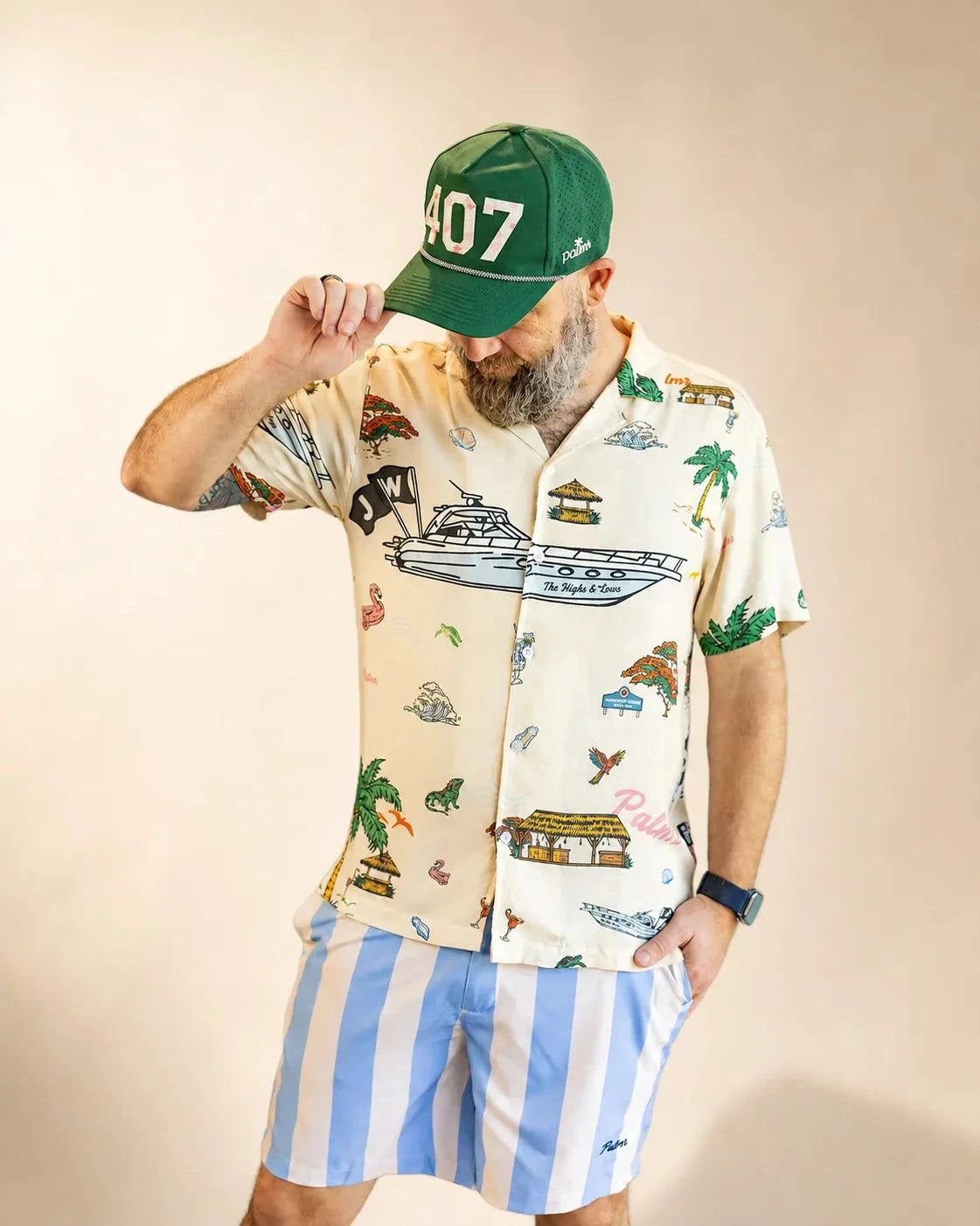 The Ronnie Button Up shirt with Pompano Beach-inspired print and lightweight rayon fabric