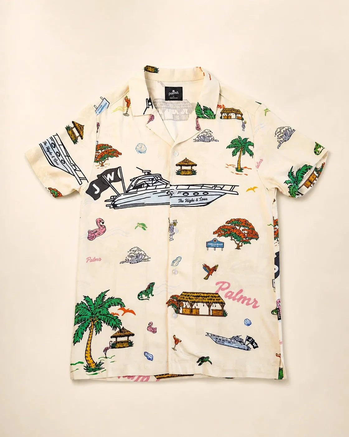 The Ronnie Button Up shirt with Pompano Beach inspired print and built-in microfiber cloth