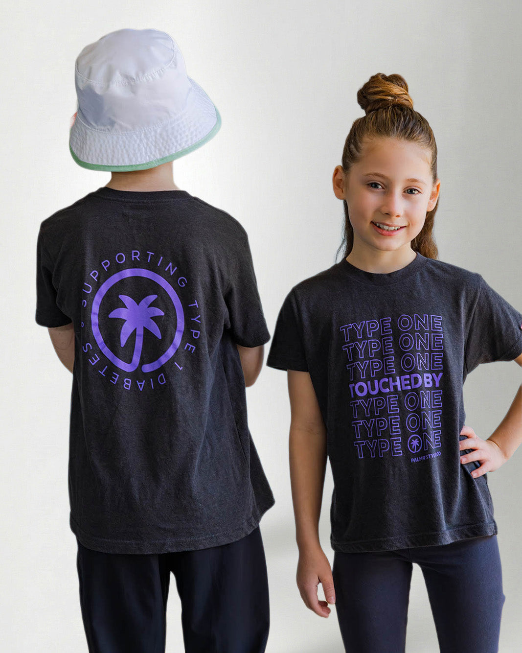 Palmr Style Youth Touched By Type One Black Tee Supporting T1D Soft Short Sleeve Palm Tree Resort wear Self-Care