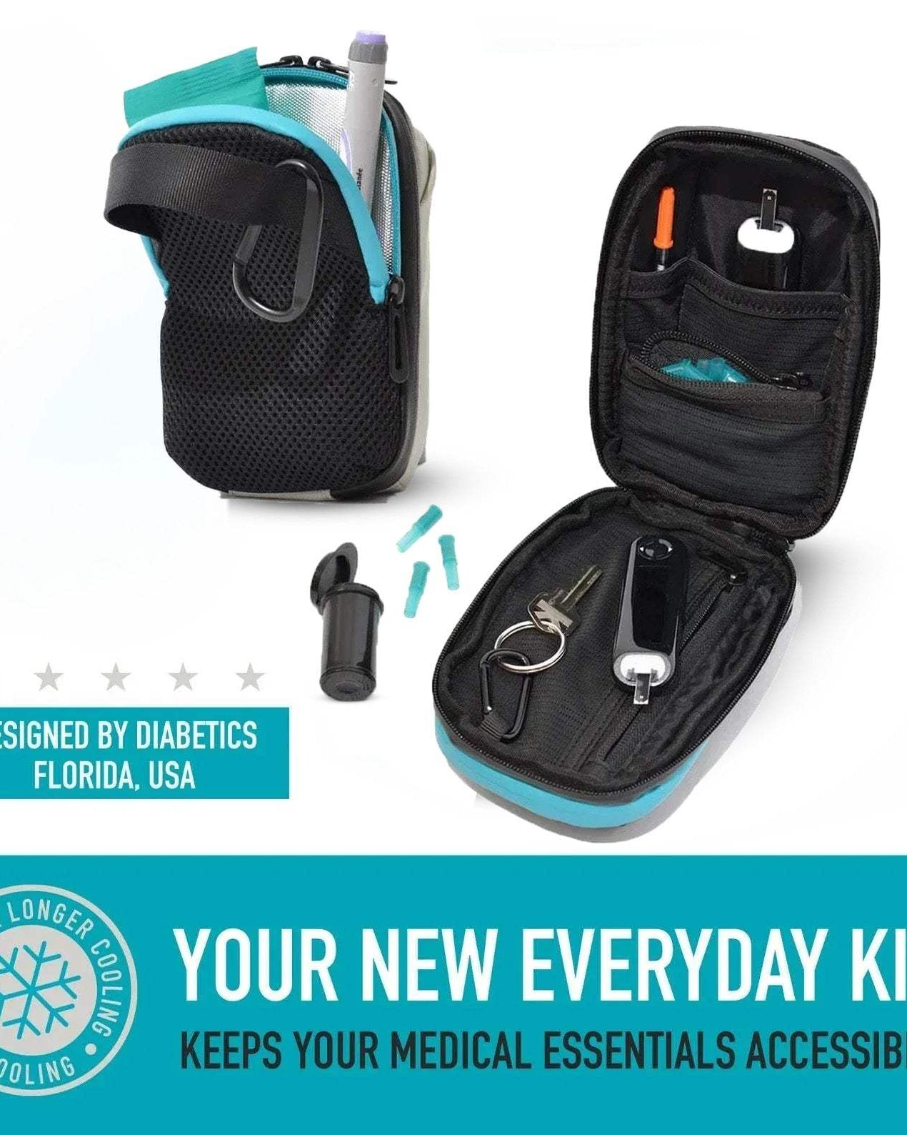 Compact insulated crossbody bag with nylon strap and carabiners for diabetes medication storage