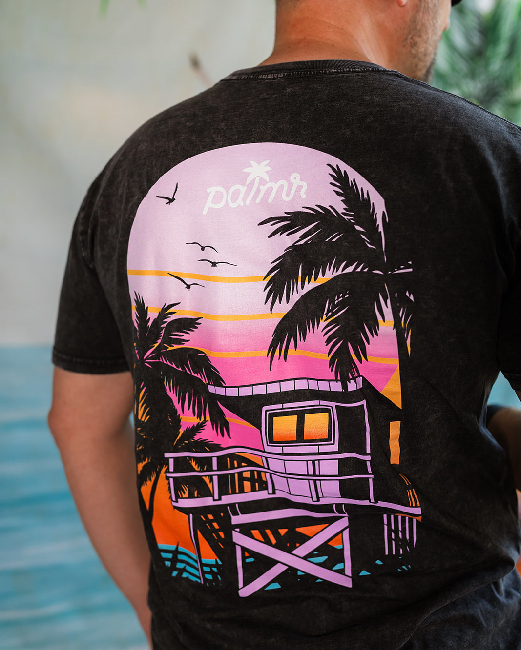 Palmr Style Mens Evening Palm Tee Shirt Vintage Stone Washed Black Soft Short Sleeve Palm Tree Beach Resort wear Self-Care