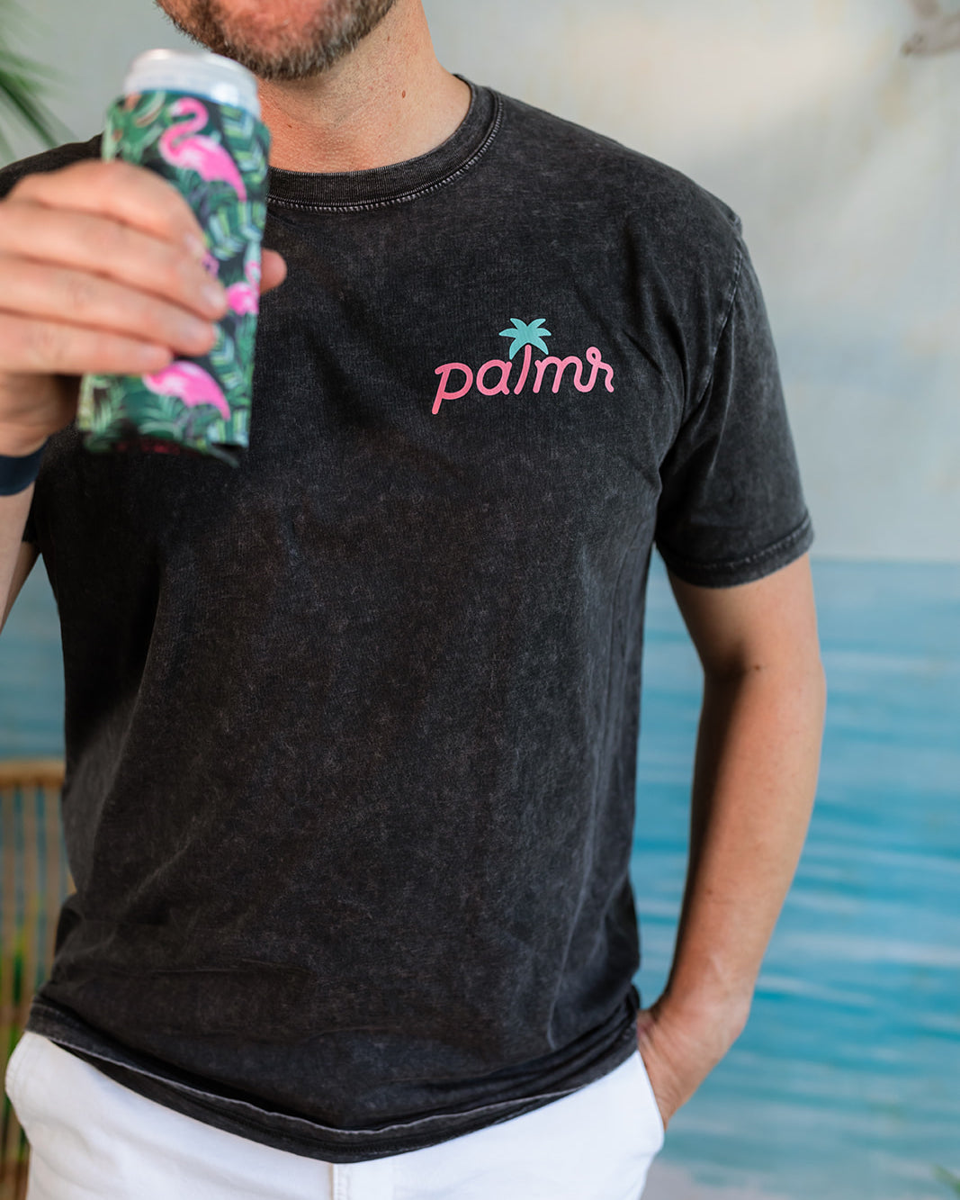 Palmr Style Mens Evening Palm Tee Shirt Vintage Stone Washed Black Soft Short Sleeve Palm Tree Beach Resort wear Self-Care
