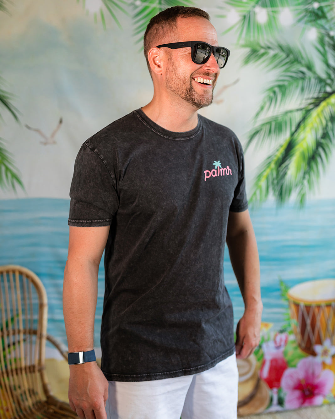 Palmr Style Mens Evening Palm Tee Shirt Vintage Stone Washed Black Soft Short Sleeve Palm Tree Beach Resort wear Self-Care