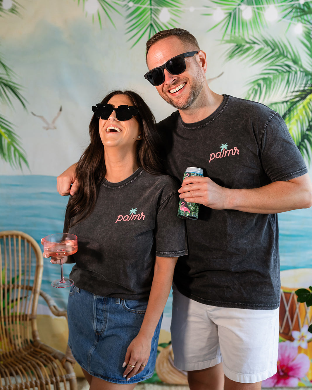 Palmr Style Mens Evening Palm Tee Shirt Vintage Stone Washed Black Soft Short Sleeve Palm Tree Beach Resort wear Self-Care