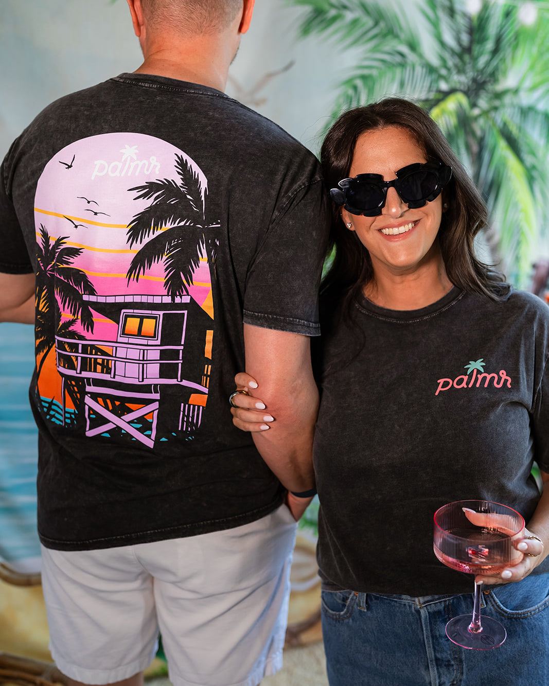 Palmr Style Mens Evening Palm Tee Shirt Vintage Stone Washed Black Soft Short Sleeve Palm Tree Beach Resort wear Self-Care