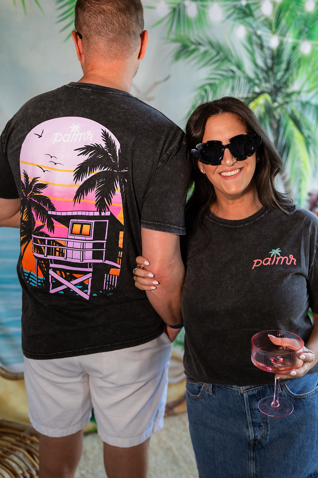 Palmr Style Mens Evening Palm Tee Shirt Vintage Stone Washed Black Soft Short Sleeve Palm Tree Beach Resort wear Self-Care