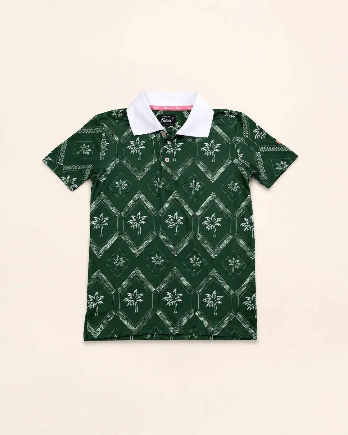 The Club Palm Kids Polo in palm green geometric print with palm tree details and white ribbed collar