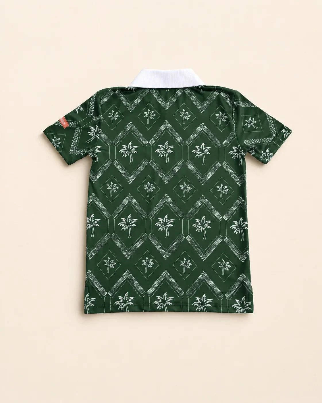 The Club Palm Kids Polo green geometric print shirt with palm tree details and white collar for active kids