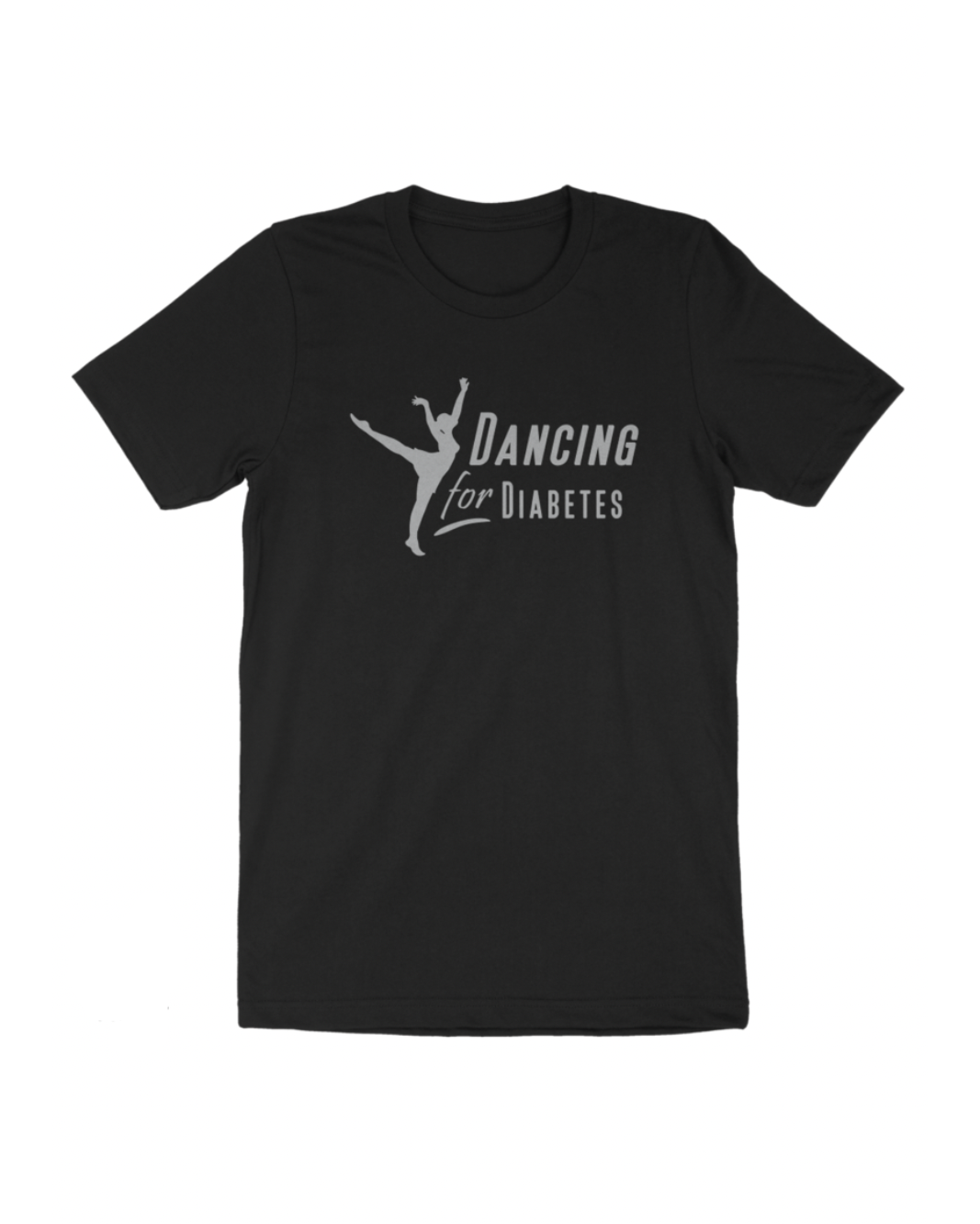 Black Dancing For Diabetes 25 Years tee with metallic silver logo and commemorative emblem
