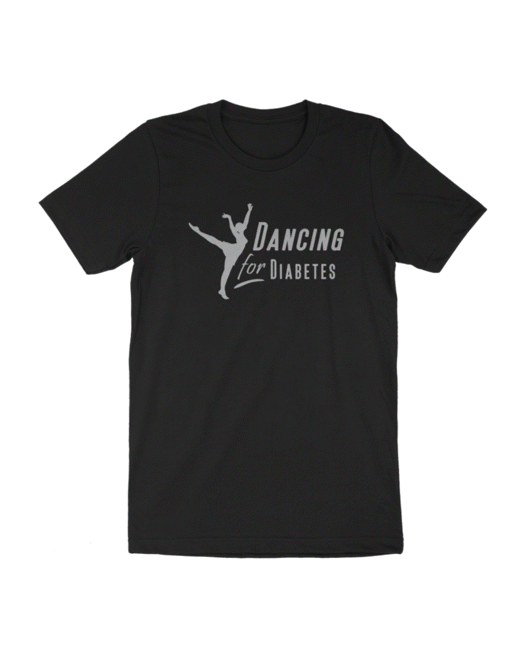 Black Dancing For Diabetes 25 Years tee with metallic silver logo and commemorative emblem