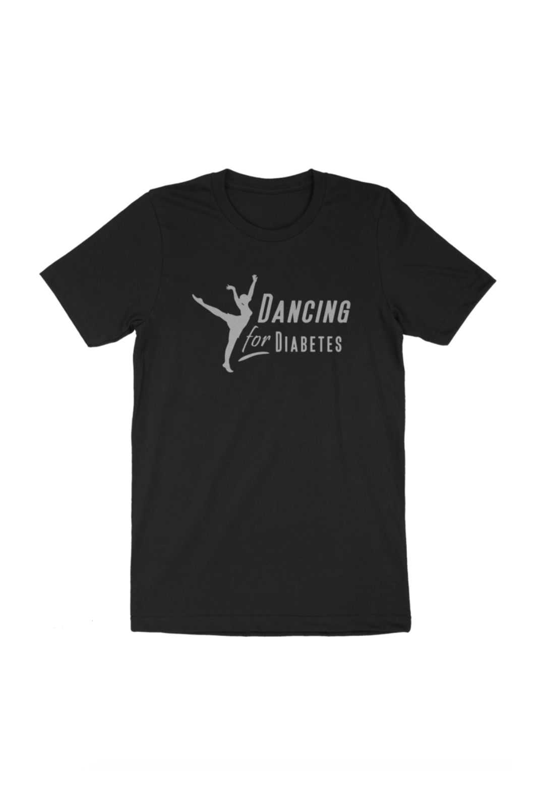 Black Dancing For Diabetes 25 Years tee with metallic silver logo and commemorative emblem
