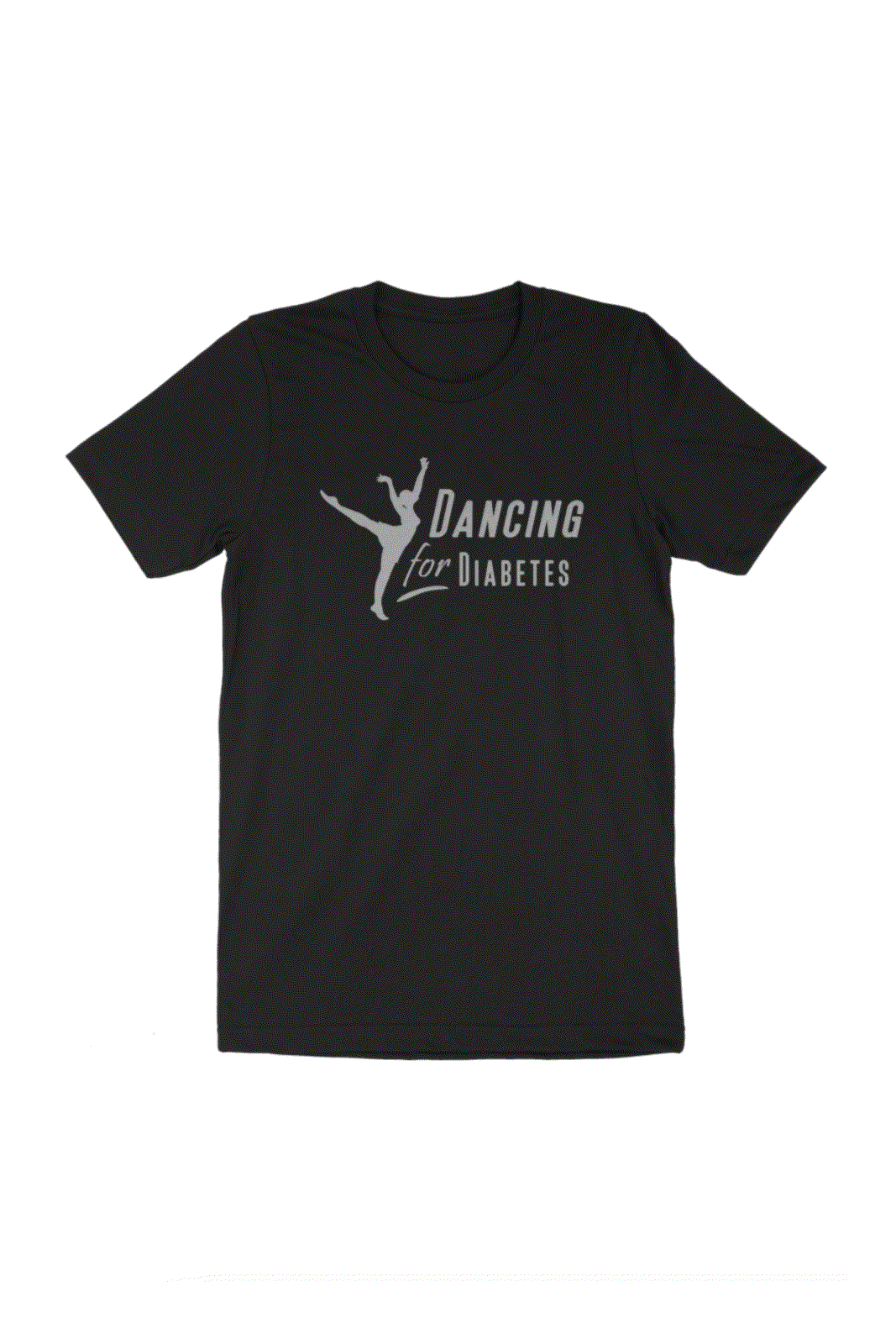 Black Dancing For Diabetes 25 Years tee with metallic silver logo and commemorative emblem