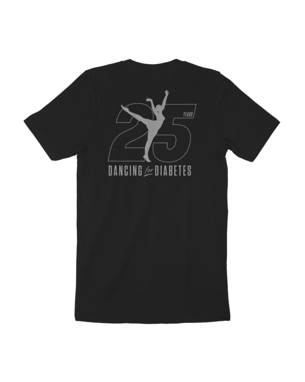 Black Dancing For Diabetes 25 Years Tee with metallic silver logo and commemorative emblem on back