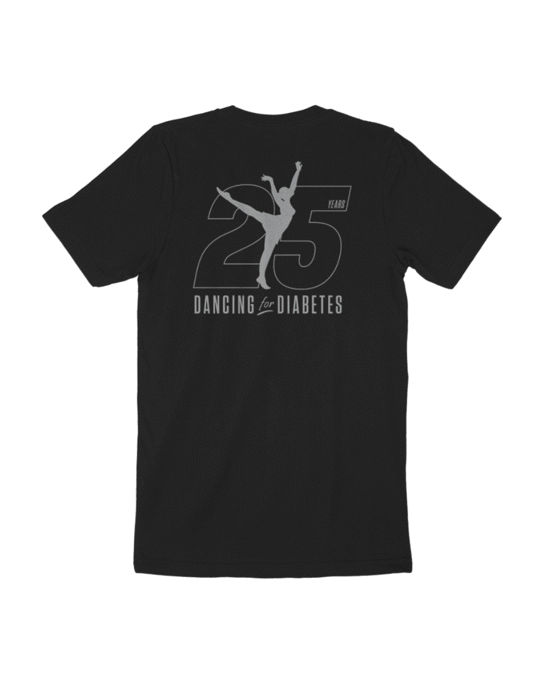 Black Dancing For Diabetes 25 Years Tee with metallic silver logo and commemorative emblem on back
