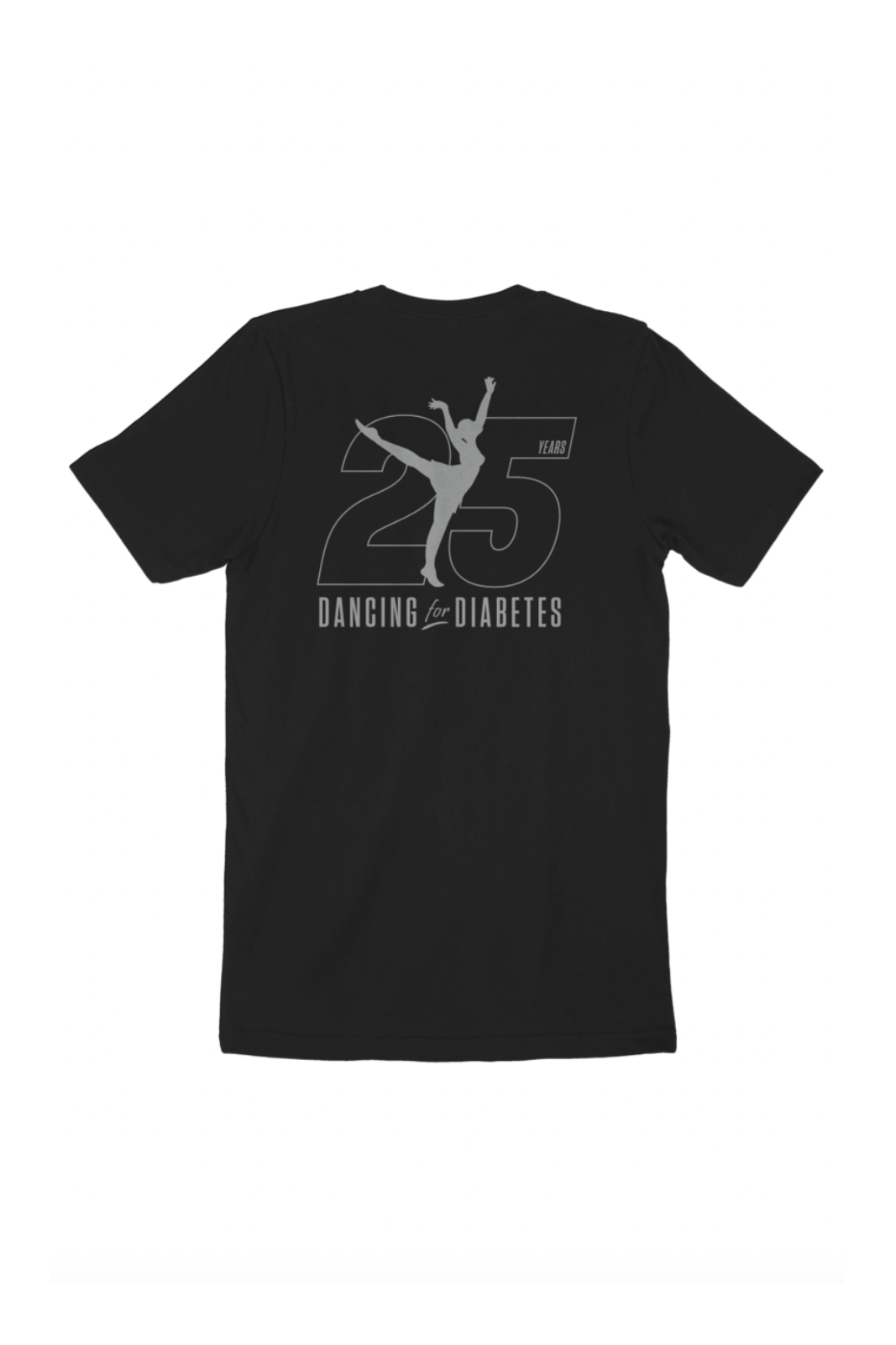 Black Dancing For Diabetes 25 Years Tee with metallic silver logo and commemorative emblem on back