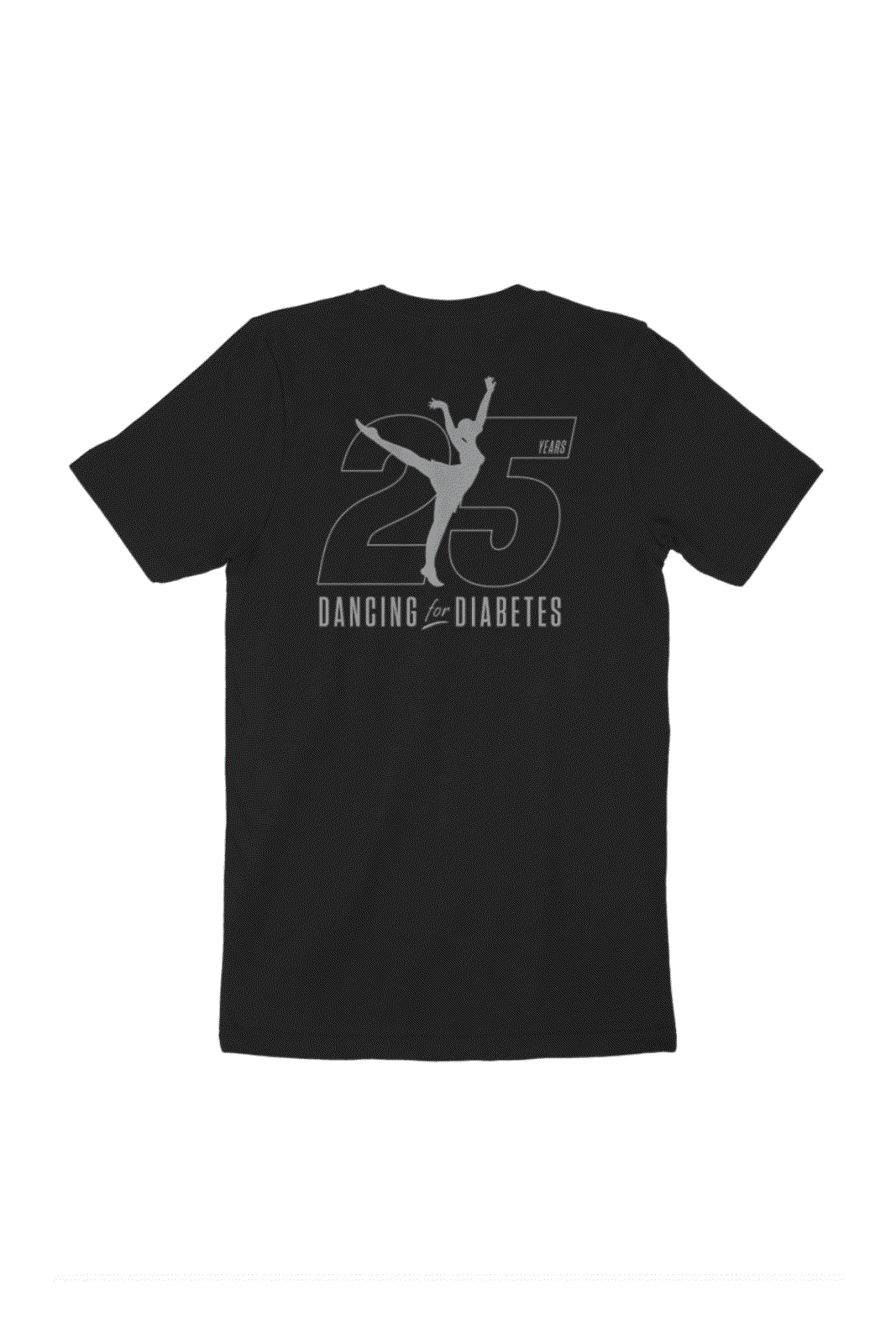 Black Dancing For Diabetes 25 Years Tee with metallic silver logo and commemorative emblem on back