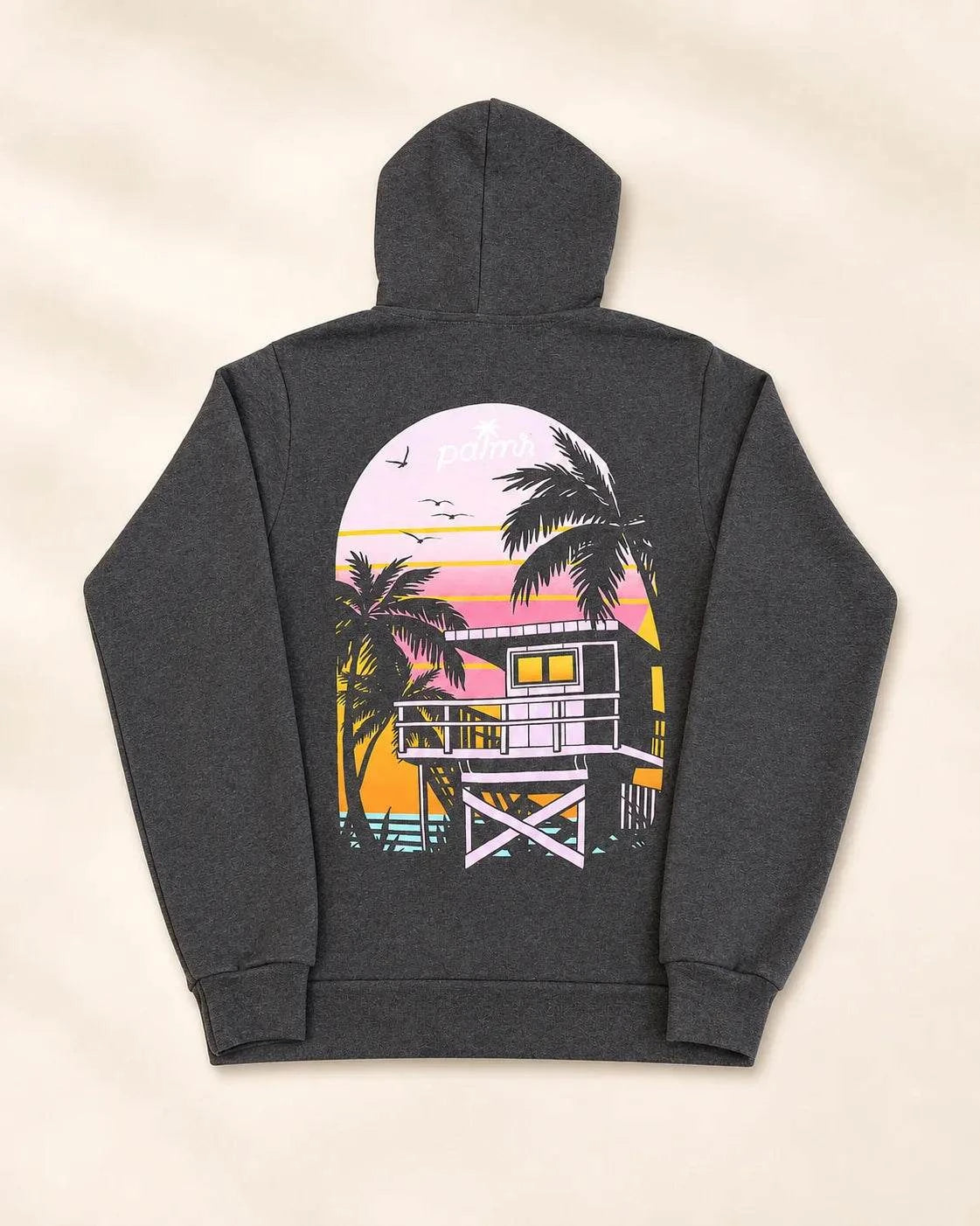 Dark heather grey Evening Palm Hoodie with front Palmr logo and back sunset graphic, lightweight cotton-poly fleece ideal for travel and casual wear