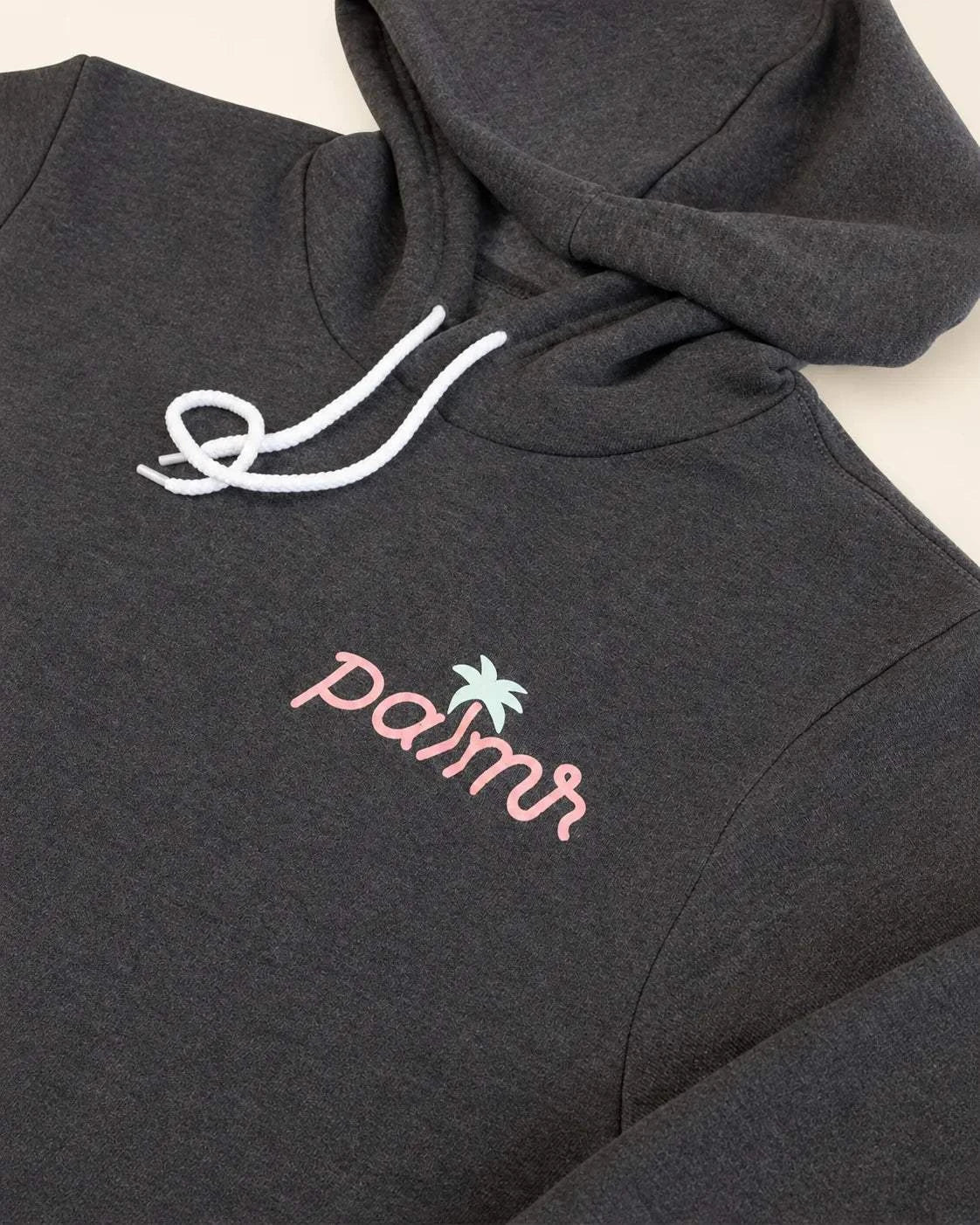 Dark heather grey Evening Palm Hoodie with logo and sunset graphic, lightweight cotton-poly fleece for casual wear