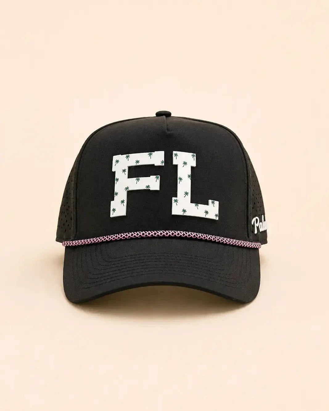Black FL Signature Hat with white silicone logo and palm design, water-resistant and structured for daily wear