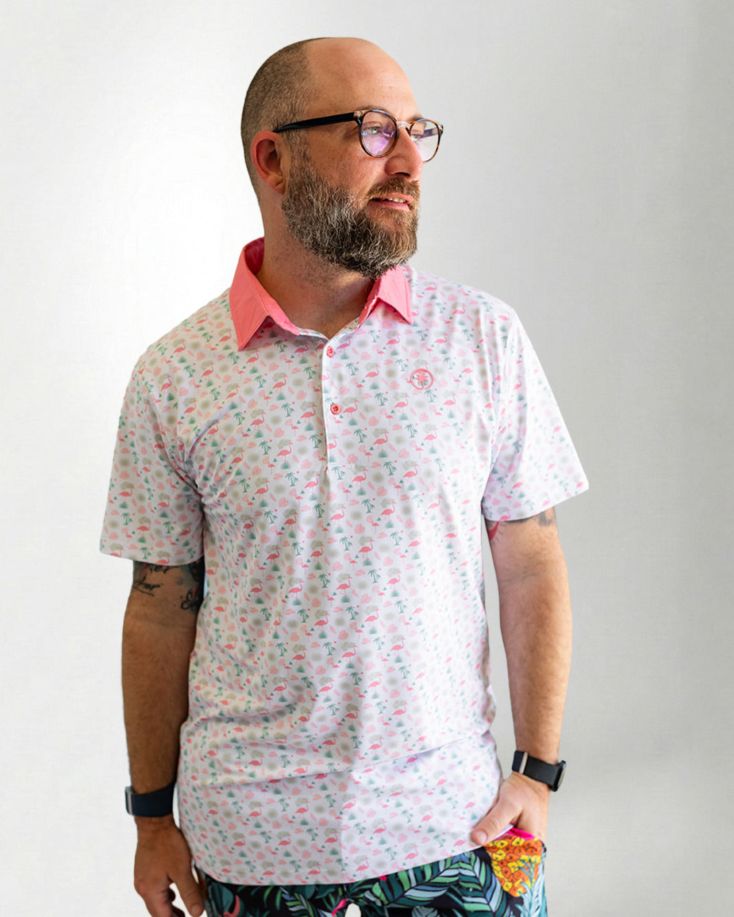 Palmr Style Mens Flamingo Sunrise Polos White Palm Tree Resort Wear Self-care T1D type 1 diabetesPalmr Style Mens Flamingo Sunrise Polos White Palm Tree Resort Wear Self-care T1D type 1 diabetes