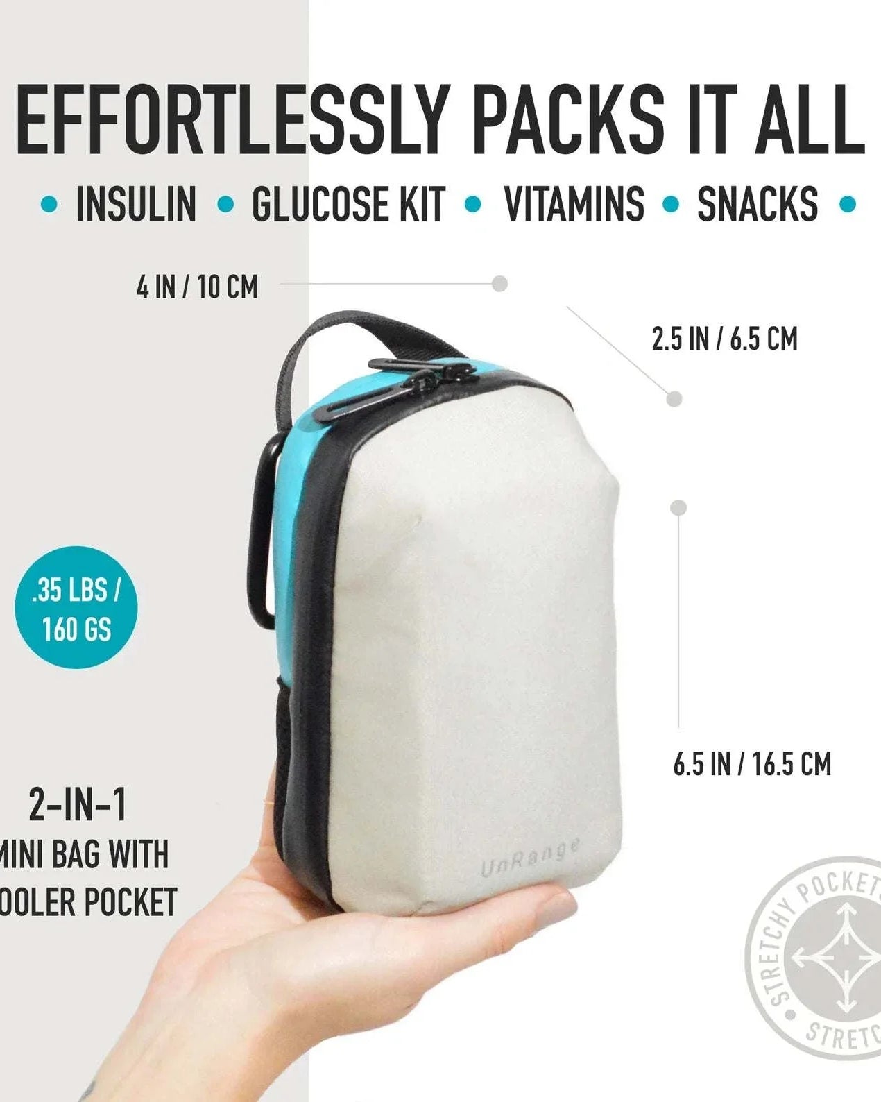 Compact insulated crossbody bag with clip attachments and nylon strap for diabetes supplies