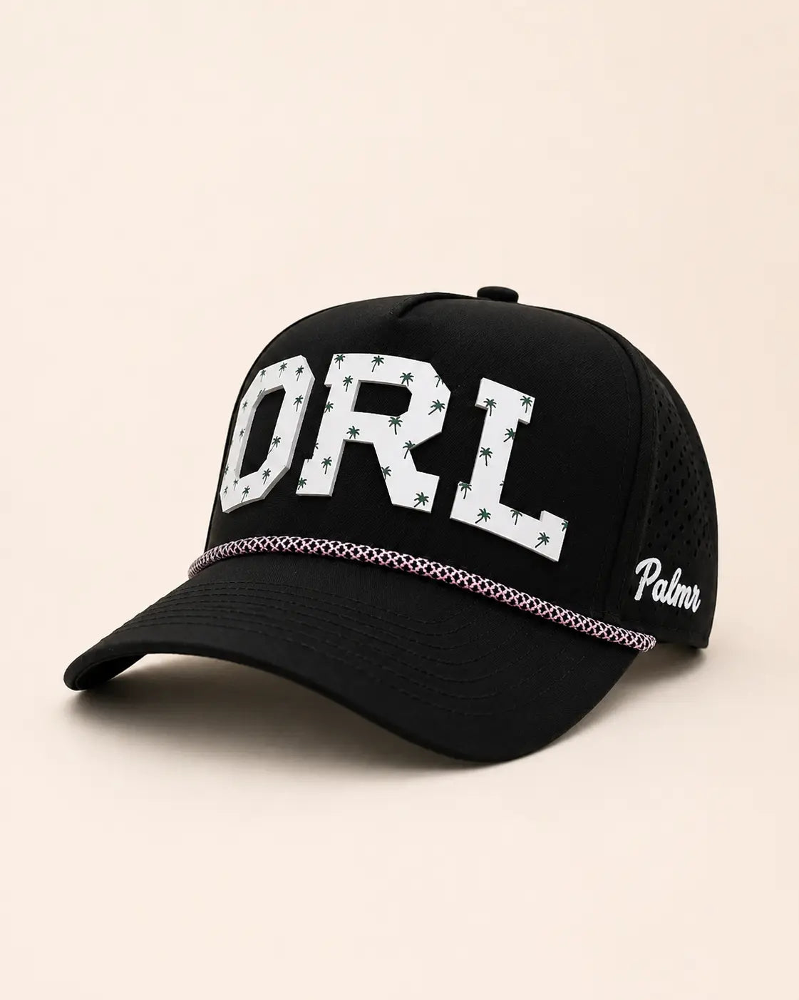 Black cap with 'ORL' and 'Palms' text on a beige background