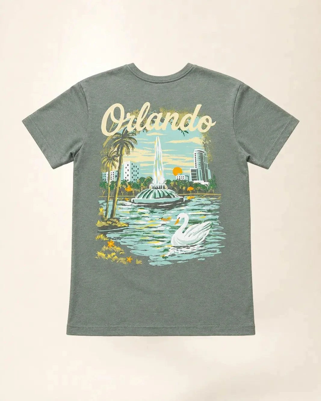 Orlando City Beautiful Tee with Lake Eola fountain and swan design on vintage green shirt